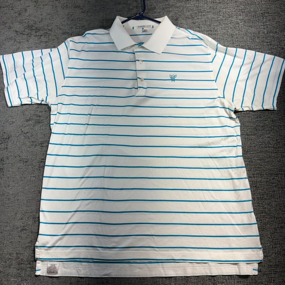 Peter Millar Polo Shirt Mens XL White Teal Striped Cotton Golf MS16K13
